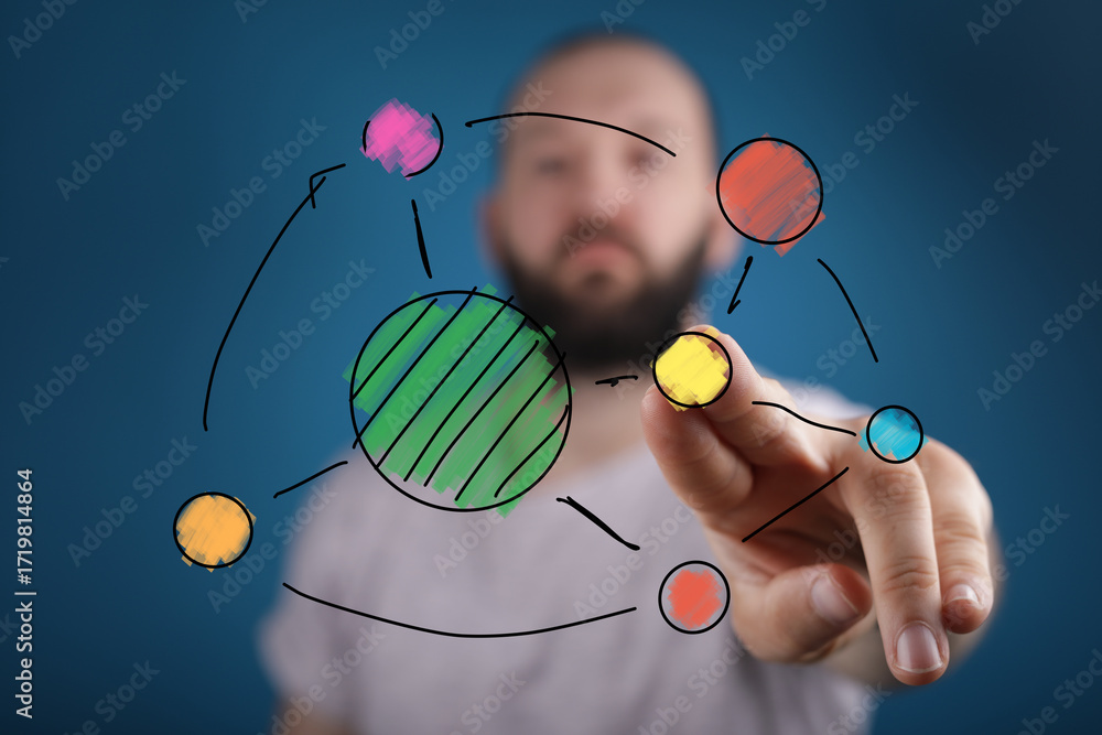 Poster conceptual image showing a man interacting with a colorful diagram, representing global strategy, pl