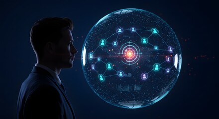 Businessman Analyzing Global Network Connections and Data on Futuristic Sphere