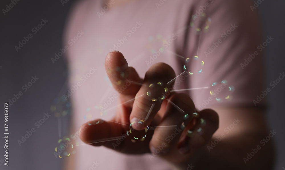 Poster abstract image of a hand interacting with a digital network, representing connection, innovation, an