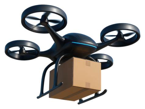 Black delivery drone with spinning propellers carrying a cardboard box on a white background transportation isolated on a transparent background
