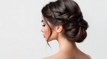 Elegant hairstyle showcasing a beautiful braided updo on a young woman against a soft background
