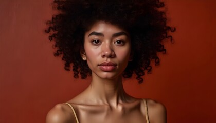 Fototapeta premium Serene portrait of a young woman with natural curls positioned at the bottom, ample blank space above against warm red background, suitable for branding or empowerment themes.