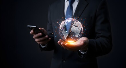 Businessman Holding a Glowing Digital Globe and Smartphone