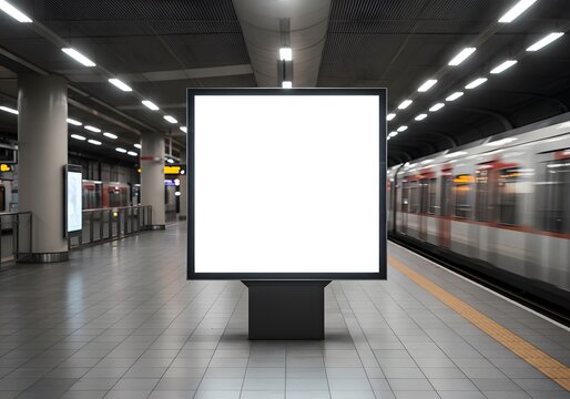 A square mock up of a blank showcase billboard for advertising in a bustling train station
