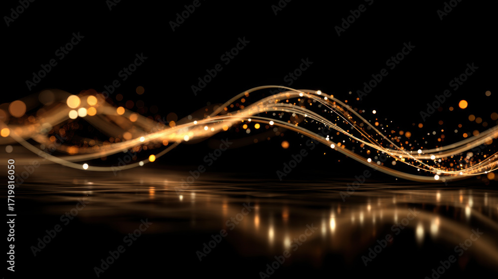 Poster abstract golden wave design with shimmering lights and reflections on dark background creates sense 