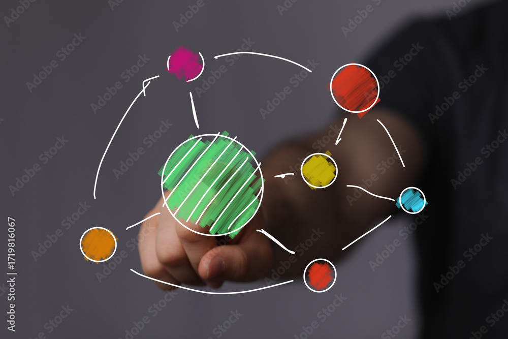 Poster abstract image of hand interacting with colorful network diagram, ideal for business, technology, an