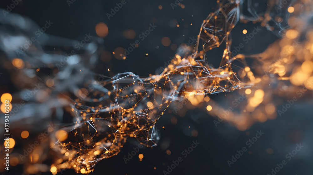 Poster abstract digital art featuring glowing particles and interconnected lines, creating sense of movemen