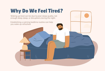 Web banner for sleep disorder research platform, app. A tired man sitting on bed suffering from insomnia.