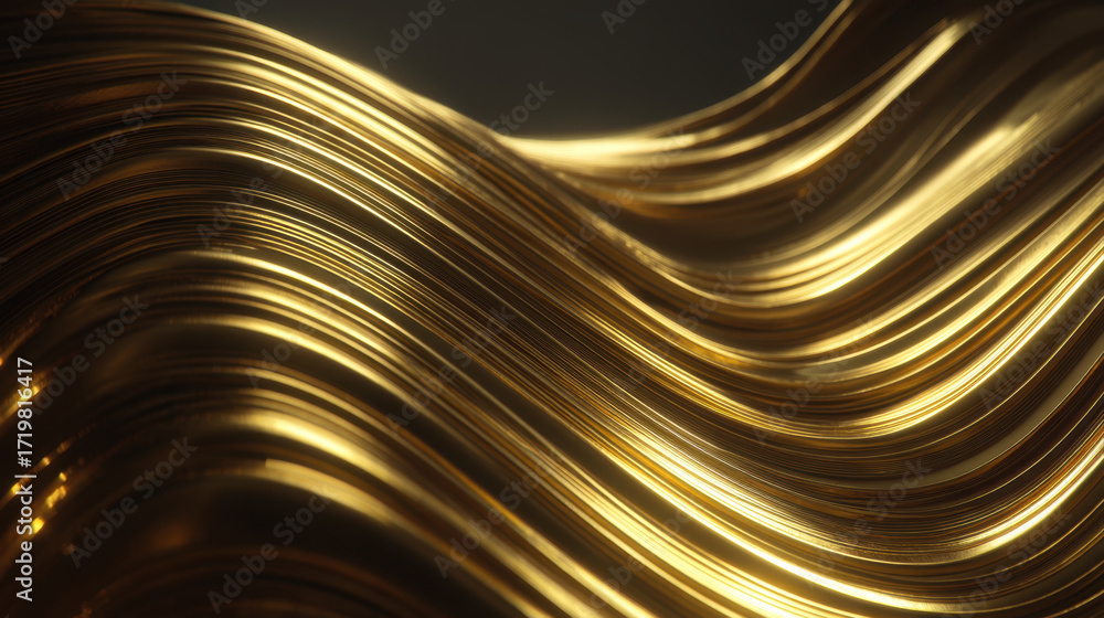 Poster golden waves create mesmerizing visual effect, showcasing smooth, flowing lines that reflect light b