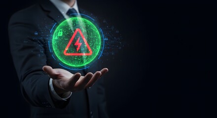 Businessman Holding Digital Warning Symbol of Danger and Cybersecurity Threat