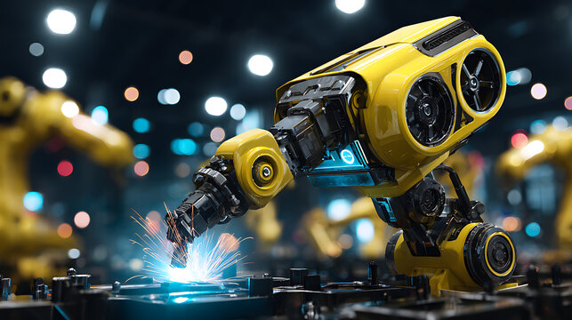 Yellow robotic arm welding metal in a high-tech industrial setting with sparks flying