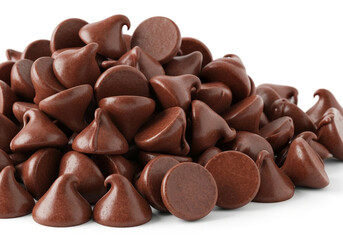 Fototapeta premium Pile of delicious dark chocolate chips isolated on white background