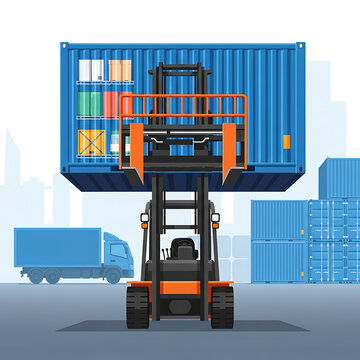 Logistics operations featuring a forklift lifting a cargo container with an aesthetic reminiscent of remote sensing imagery for global shipping and transport