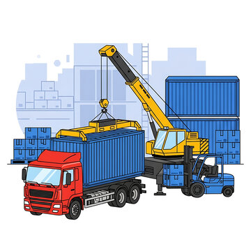 Industrial shipping terminal with cargo truck and crane inspired by Remote Sensing imagery
