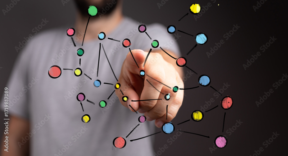 Poster abstract image of a person interacting with a colorful network, representing connection, communicati