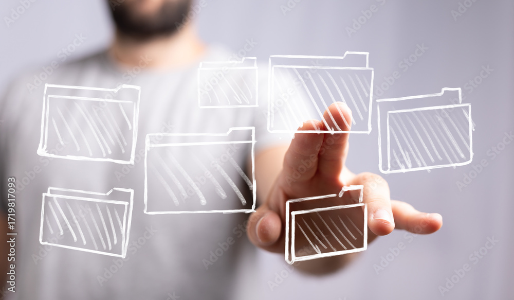 Poster hand interacting with virtual files, digital organization, data management, cloud storage, workflow 
