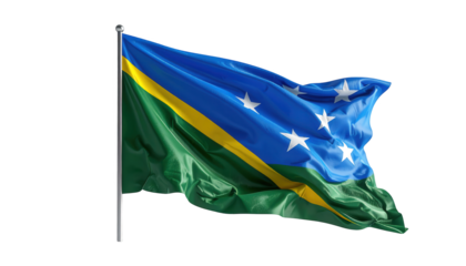 A digitally rendered image of the Solomon Islands flag billowing in the wind against a black backdrop.
