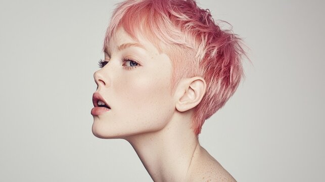 Young woman with pink short hair poses side profile against neutral background showcasing modern hairstyle trends in contemporary fashion