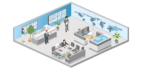 Obraz premium Isometric view of a modern office interior with people collaborating and a world map on the wall