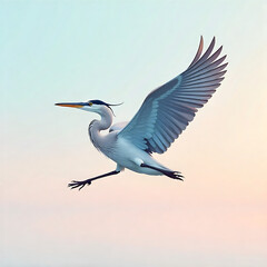 Great Blue flying Heron vector  on weathered post, three quarter view, twilight gradient sky, calm water hint and serene tranquil 