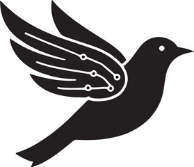 Silhouette of a bird with circuit board patterns on its wings symbolizing technology and freedom