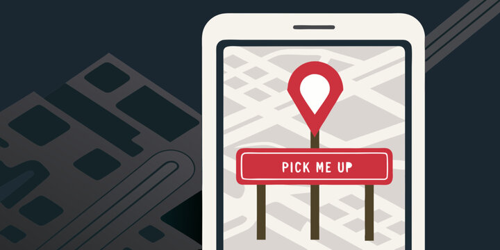 Mobile phone displaying a map with a pick me up location marker and sign