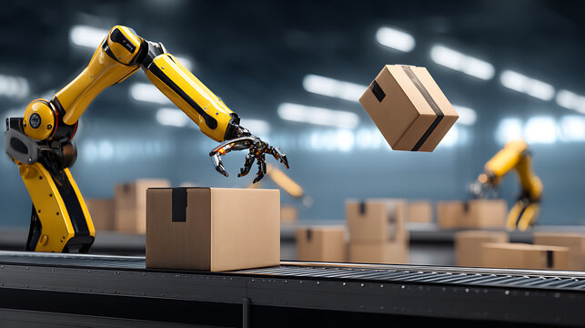 Robotic arm handling cardboard boxes in an automated warehouse setting