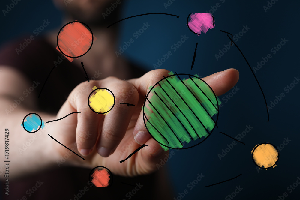 Poster abstract image of hand interacting with colorful network diagram. perfect for technology, strategy, 