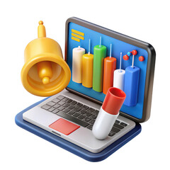 Laptop with bell and data visualization for business success and financial growth transparent background