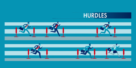 Businessmen in suits racing over hurdles in parallel lanes representing competition and challenges