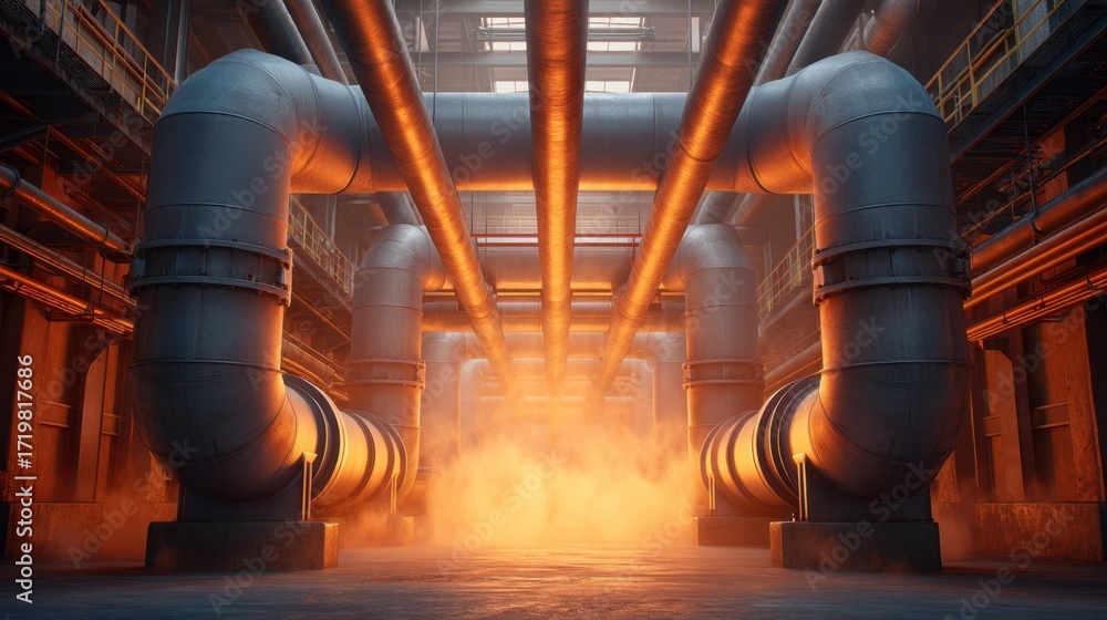Poster industrial pipes and steam in a large factory setting with glowing lights creating an atmospheric an