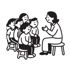  A black and white vector illustration of a classroom scene. 