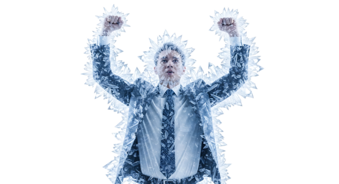 Man in suit with arms raised in victory, covered in ice crystals, isolated transparent