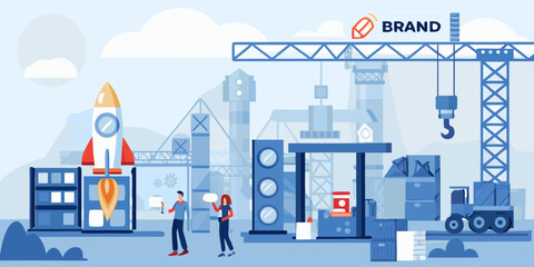 Obraz premium Brand development and launch concept with rocket ship construction and crane building a new identity