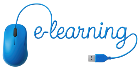 Blue e-learning text with a computer mouse and USB connector on a white background  isolated on a transparent background