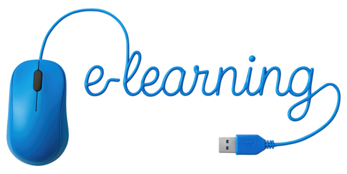 Blue e-learning text with a computer mouse and USB connector on a white background  isolated on a transparent background