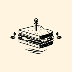 A stylized illustration of a sandwich with a toothpick and decorative leaves on a light background.