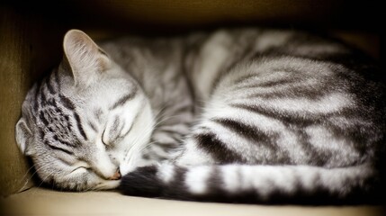 household. A gray tabby cat resting comfortably inside a cardboard box in a warm home setting. wildlife magazines, conservation campaigns, designed for nature documentaries and education.