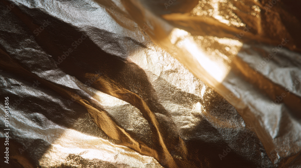 Poster shimmering metallic texture with crumpled surface reflecting light, creating elegant and luxurious a
