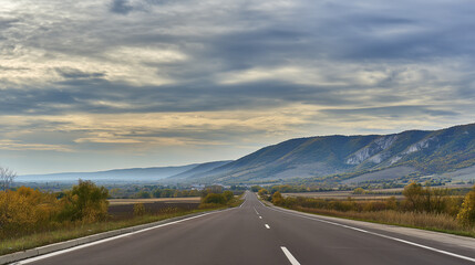 asphalt. Panoramic view of an empty road under cloudy skies, capturing a serene and open landscape. travel magazines, destination branding, designed for outdoor magazines and nature guides.

