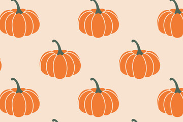 Seamless vector pattern with orange pumpkins on beige background, simple autumn harvest design for wrapping paper, textile, and seasonal decoration.