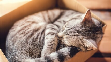 household. A gray tabby cat resting comfortably inside a cardboard box in a warm home setting. wildlife magazines, conservation campaigns, designed for nature documentaries and education.