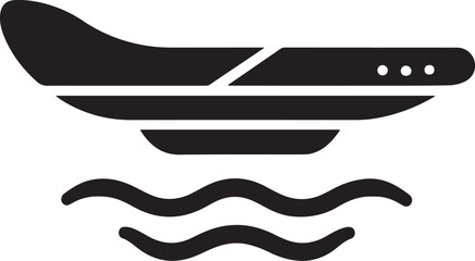 Stylized black silhouette of a modern airplane flying low over wavy water surface