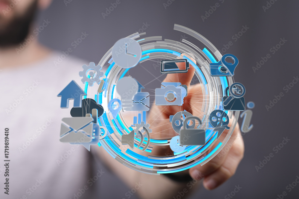 Poster a person interacts with a holographic interface displaying various app icons, representing digital t