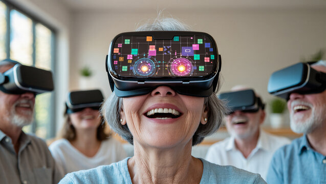 A group of happy senior people wearing virtual reality headsets. The image captures a joyful moment of engaging with modern technology and entertainment, challenging age stereotypes.