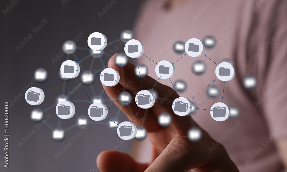 Poster secure file sharing, cloud storage, and data network visualization. modern technology concept.