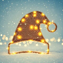 Festive Christmas Hat Adorned with Twinkling String Lights on a Magical Snowy Bokeh Background