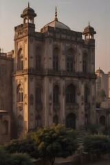 Fototapeta premium Subject at top, ample copy space below, historic building with silver tones, golden hour lighting, in Peshawar, Pakistan.