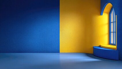A vibrant interior scene features a corner room with bold blue and yellow walls, showcasing a bay window with a blue window seat.