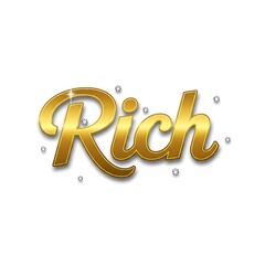 Luxurious Gold 3D Text "Rich" Adorned with Sparkling Diamonds on Isolated White Background